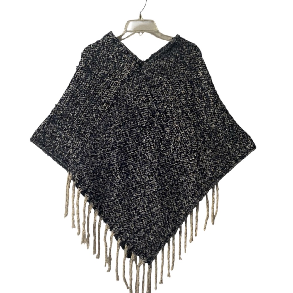 Joan Vass Poncho Women's Black White‎ Speckled Knit Fringe V-Neck Boho